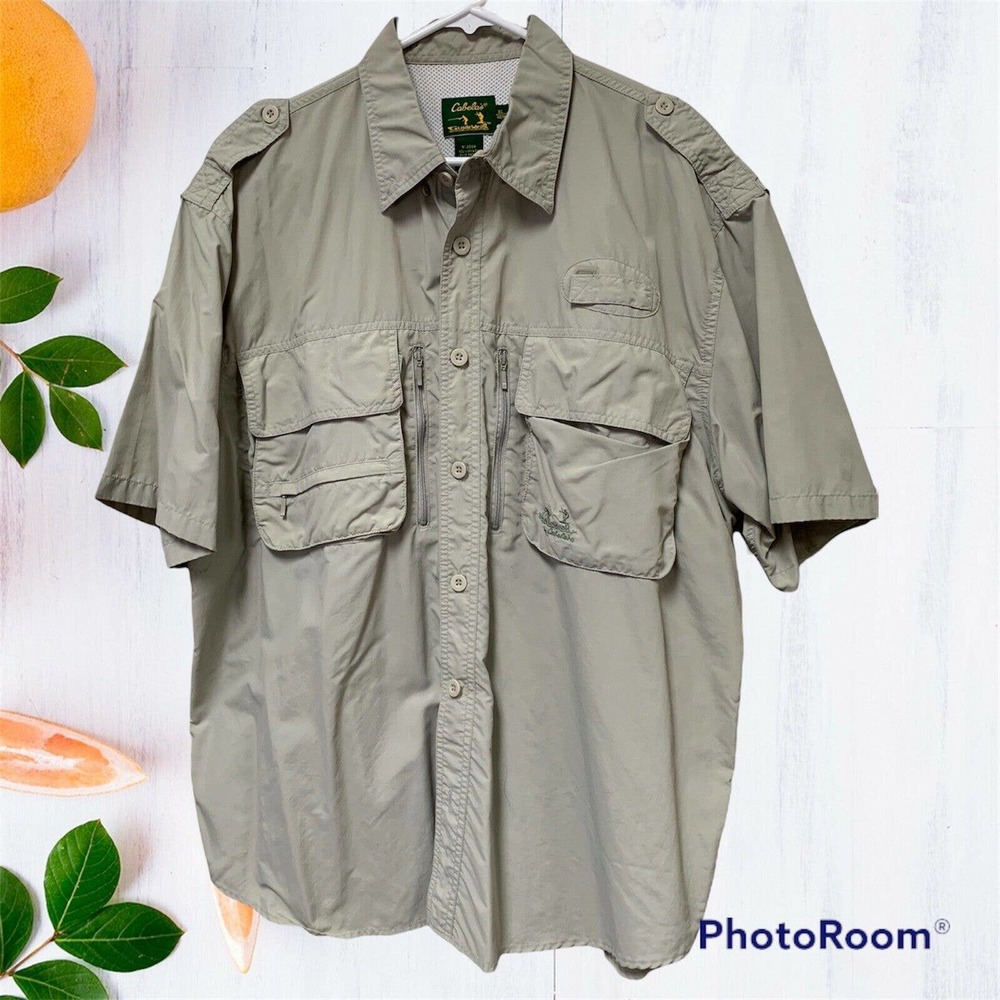 Cabelas Mens XL Beige Guidewear Fishing Shirt Vented Zipper Pockets Vintage